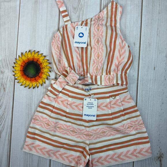 Girls Mayoral One Shoulder Top & Shorts Set Pink Orange Striped Outfit 10 - Picture 8 of 10